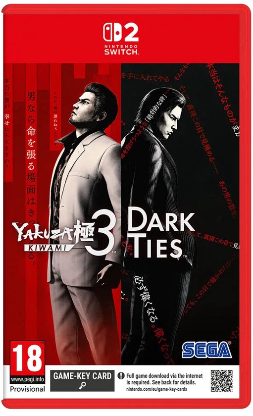 De cover van Yakuza Kiwami 3 & Dark Ties voor Nintendo Switch toont twee mannen.
