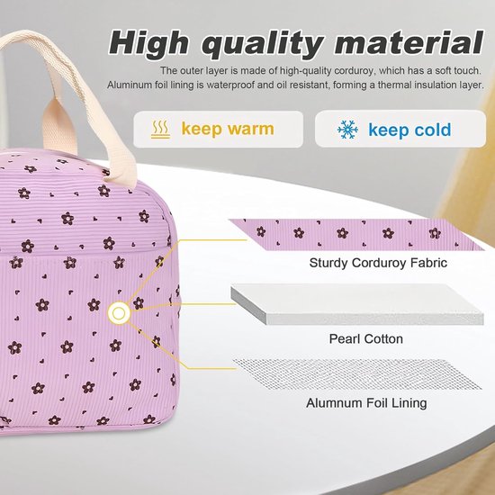 KZQ Geïsoleerde Lunchtas 2 Stuks, Corduroy met Aluminiumfolie Voering, Roze en Paarse Lunchkoeltas met Buitenzak, voor Picknick School Kantoor van KZQ — afbeelding 5