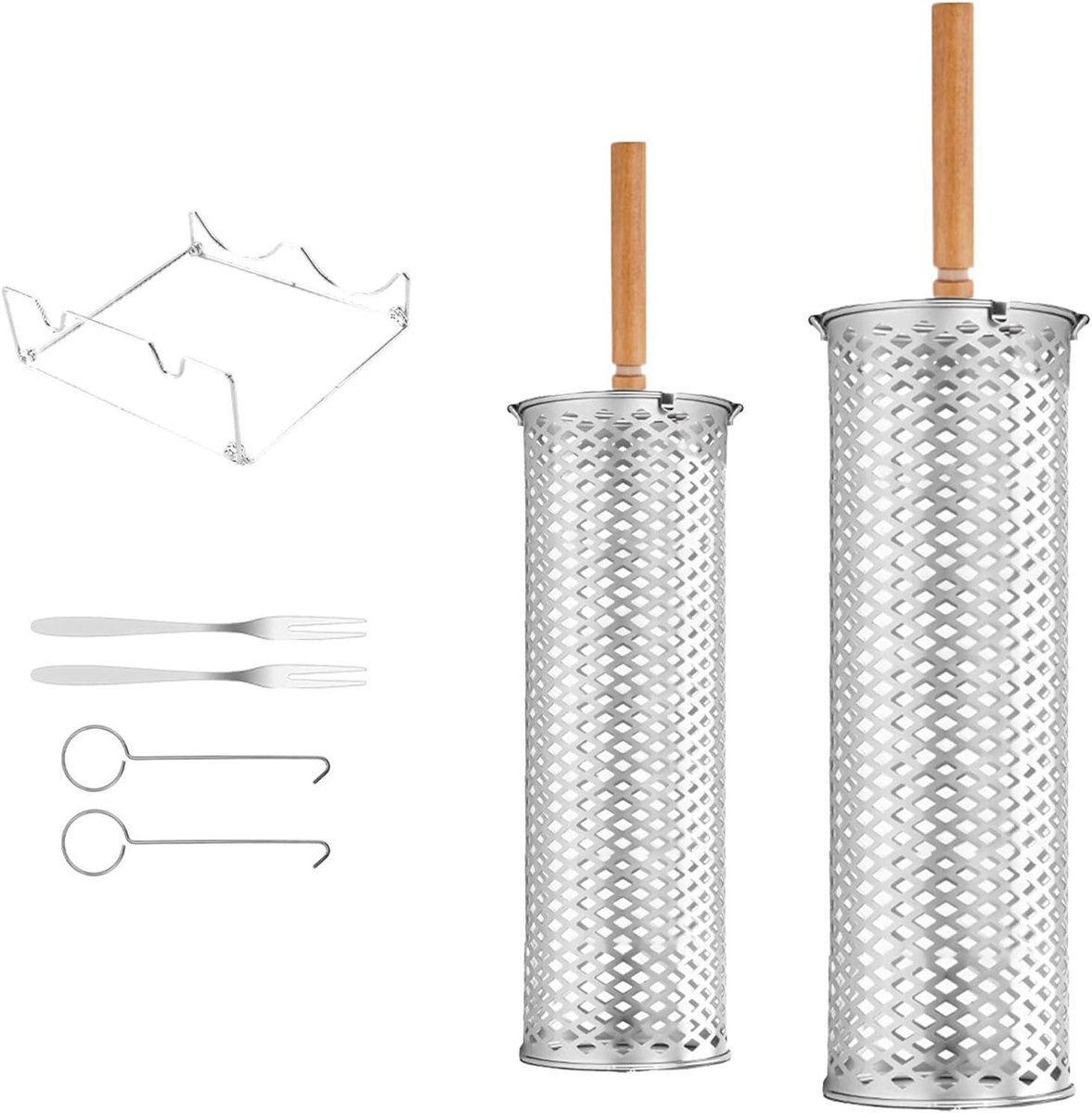Grill Mand - Rolmand BBQ - Buiten Koken - Houten Handvat - 33 cm lengte - Zilver