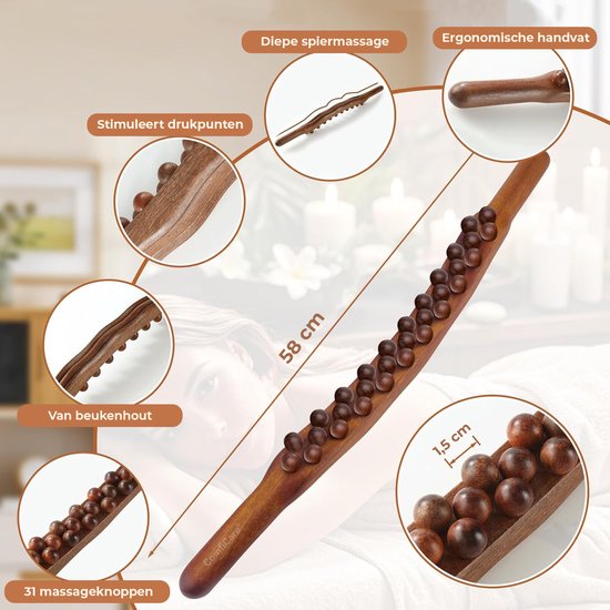 Houten massage roller van 58cm met 31 massageknopen, ergonomische handvat en diepe spier massage functie. Afmetingen 58cm x 1.5cm.