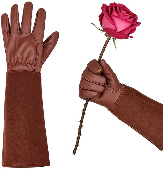 Bruine leren handschoen en een hand met roze roos. Bescherming van de onderarmen.