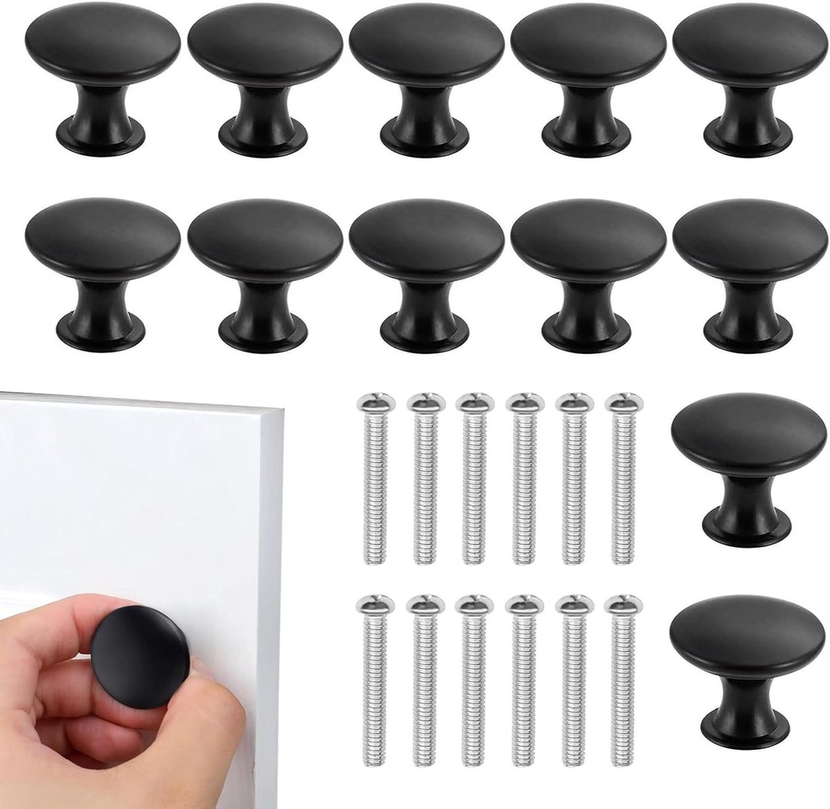 Set van 12 zwarte ronde kastknoppen voor ladekasten, deurknoppen en trekgrepen, 30 mm, matte afwerking, roestbestendig en duurzaam voor meubels