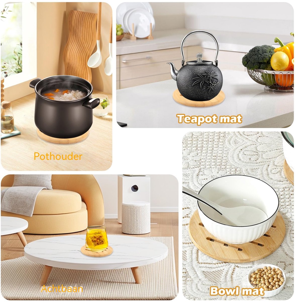 carmdering - Bamboe Onderzetter - Houten Pannenonderlegger - Ronde Keukenaccessoire - Snelle Warmteafvoer Door Holle Gaten - Antislip Veilig Ontwerp - Natuurlijk Bamboe - Glad En Vuilafstotend Oppervlak - Set Van 4 Stuks