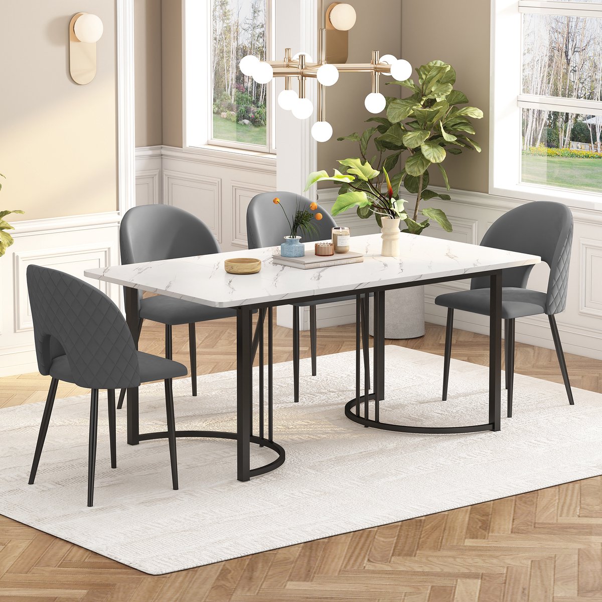 Eettafelset - 1 eettafel met 4 stoelen - grijze eetstoelen met rugleuning - verstelbare stoelpoot - wit tafelblad en zwarte tafelpoot