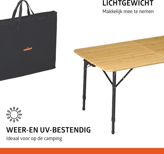 Campout Campingtafel - 120 x 70 cm - Inklapbare Tuintafel - Opvouwbare Camping Tafel - Vouwtafel - Klaptafel - 6 personen - Hoogte Verstelbaar - Inclusief Handvat - Bamboe van Campout — afbeelding 3