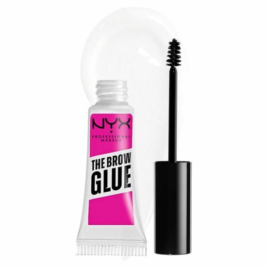 NYX The Brow Glue transparante wenkbrauwgel in een tube met roze accenten en een applicator met spiraalborsteltje.