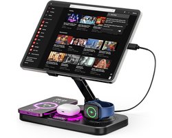 4-in-1 draadloos oplaadstation geschikt voor iPhone, verstelbare bureau-tabletstandaard met LED-nachtlampje, opvouwbare tafel iPad-houder geschikt voor iPad Pro Air Mini, 4″-15,6″ tablettelefoons