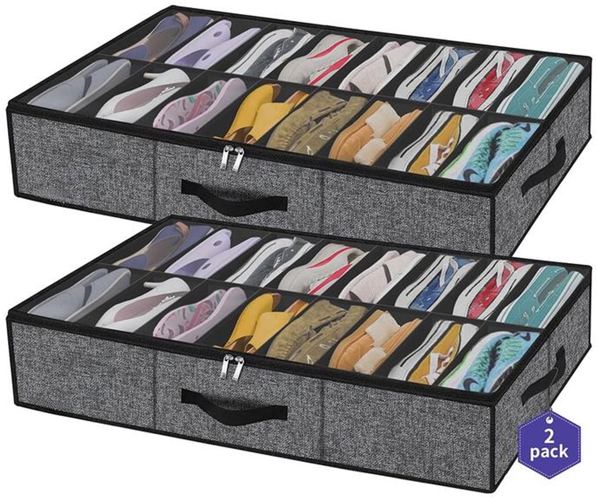 KZQ 2-pack schoenenorganizers - Opbergtas voor onder het bed - Opvouwbare schoenenorganizer - Geschikt voor 16 paar schoenen - Stevige en duurzame opbergbox voor onder het bed - Voorzien van 4 handvatten en 2 ritsen - 96 x 60 x 15 cm - Grijs