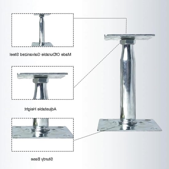 Set van 4 verstelbare paaldraagtjes van gegalvaniseerd staal, geschikt voor hekken, carports en pergola's, hoogte 100-150 mm — afbeelding 2