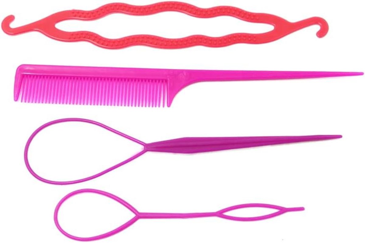 Haar Styling Kit - Haar Tool Kam - Haar Vlechten - 4 In 1 Set - 20.8cm - Roze