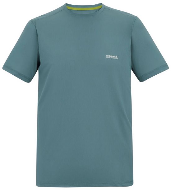 Petrolkleurig T-shirt met korte mouwen en mesh structuur, met wit logo op de borst.