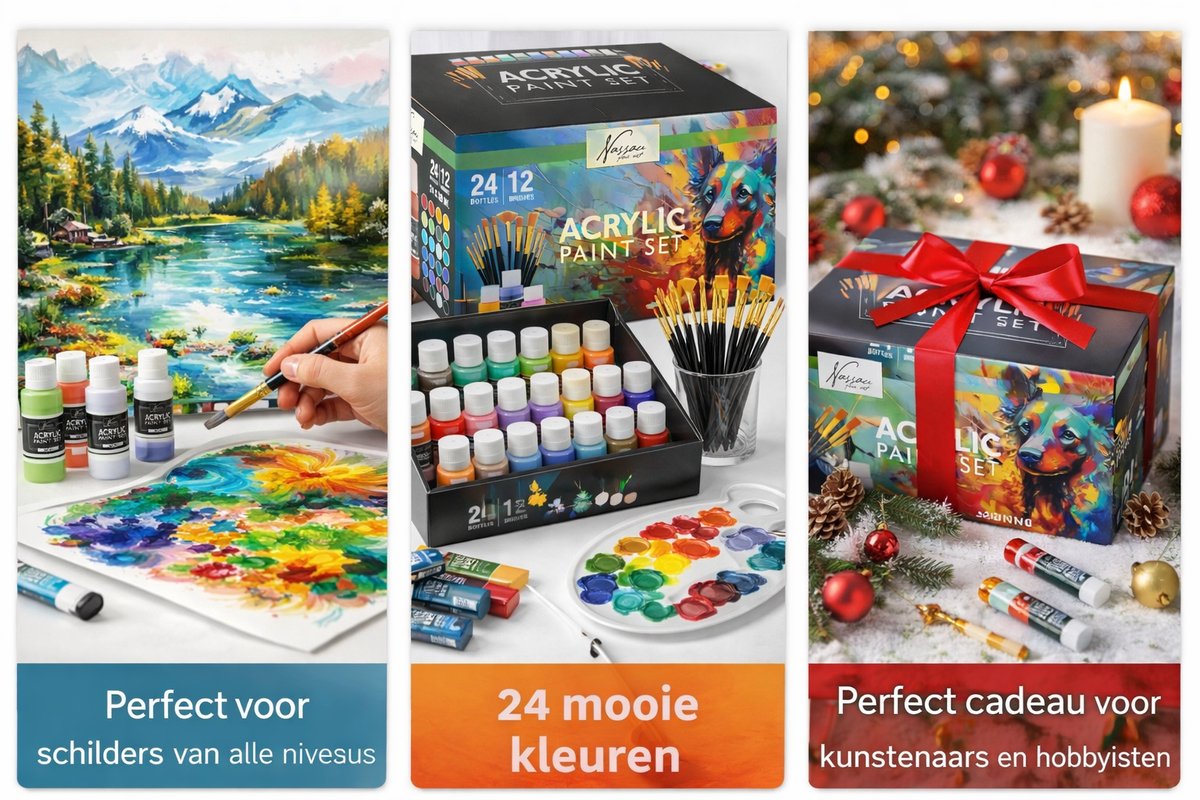 Acrylverf Set 36pcs - 24x Acrylverf Tubes 59ML & 12x Penselen – Compleet Schilderpakket voor Volwassenen en Kinderen — afbeelding 3