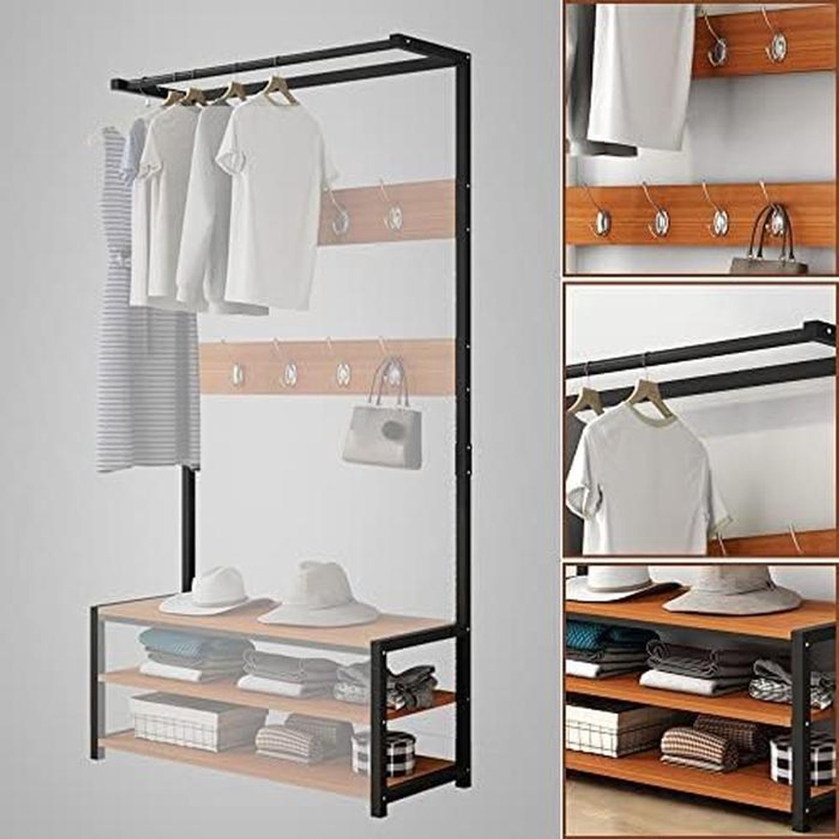 Kapstok met Schoenenrek - Garderoberek Kledingrek - Entree Organiseren - Stabiele Trapeziumstructuur - 80x34x170cm - Zwart – foto 5