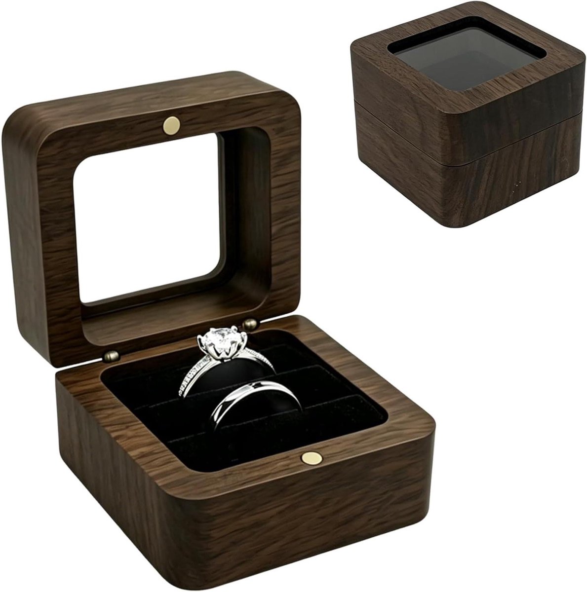 Ringendoos Walnoot - Houten Ringhouder - Ringen Presenteren - Transparant Kijkvenster - 5x2 cm - Bruin