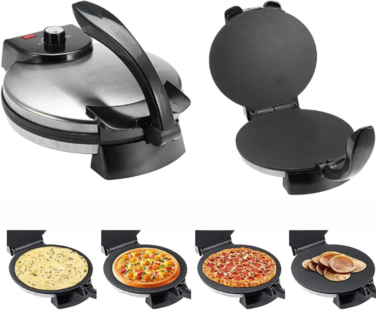 Elektrische Tortillamaker - Roti Maker Quesadilla Maker - Platbrood Bakken - Dubbelzijdig Verwarmen - 25 cm - Zilver