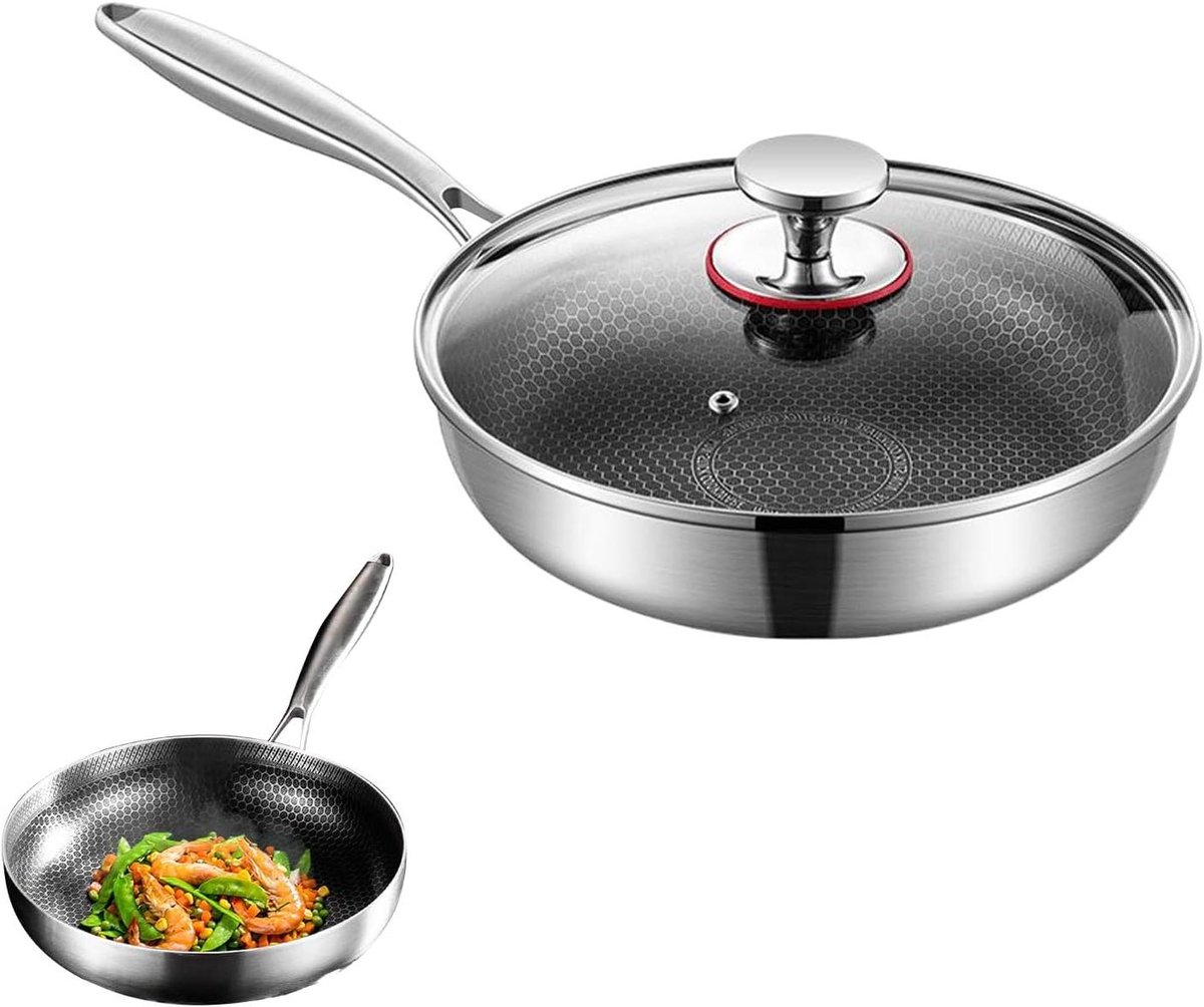 Koekenpan - Steelpan Non-stick - Maaltijden Bereiden - 3-laags Textuur Oppervlak - 28 cm - Zilver