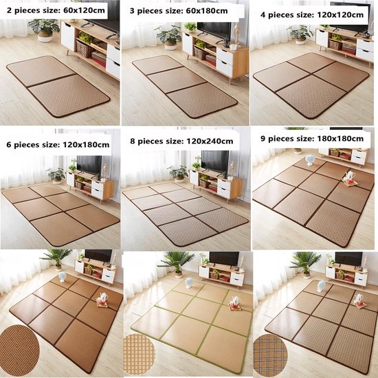 Rotan Vloermat - Japanse Tatami Mat - Zomerse Koelte - Ademend en Zweetabsorberend - 120x120cm (4 stuks) - Groen — afbeelding 2