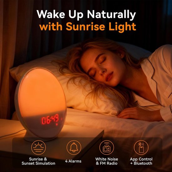 Wekker met App-bediening - Slaapwekker Nachtlamp - Rustig Wakker Worden - Zonsopgang Simulatie - 1 Aantal - Wit — afbeelding 4