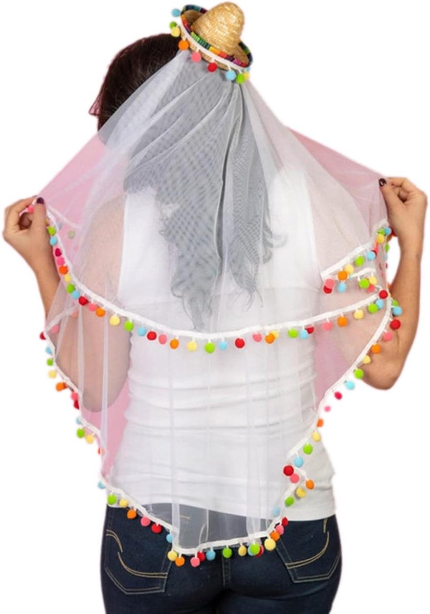 Sombrero Bruidssluier - Mexicaanse Hoed Sluier - Feestkostuum Aankleden - Met Ballenrand - 55-60cm - Wit
