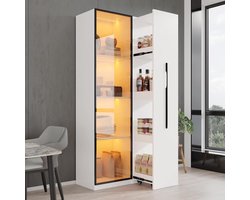Bladez Multifunctionele kast, 160 cm, boekenkast met glazen vitrine, aluminium deurkozijn, 1 deur, 1 zijlade, wielen en ledverlichting, voor eetkamer, woonkamer
