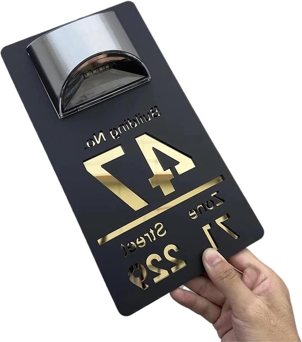 Huisnummer - Adresbord Verlicht - Huis Verfraaien - Op Zonne-energie - 25 x 15 cm - Grijs Rosé Goud