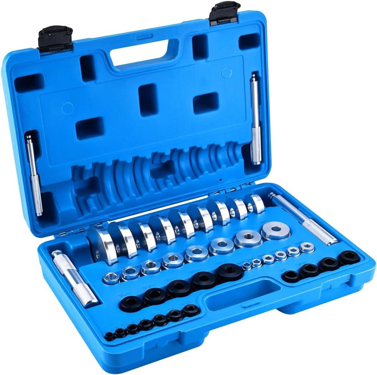 43-delige lagerinstallatieset met 39 adapters, 4 gripstangen en handschoenen, ideaal voor het monteren van wiellagers in een gereedschapskoffer