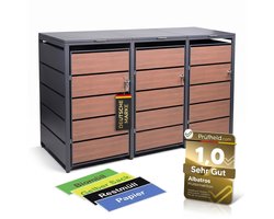 ALBATROS afvalcontainerbox voor 3 containers, houtlook, van gegalvaniseerd metaal, 120 l tot 240 l, voor DRIE containers, antraciet RAL 7016, afsluitbaar, weerbestendig, getest volgens ISO 9227, inclusief set stickers
