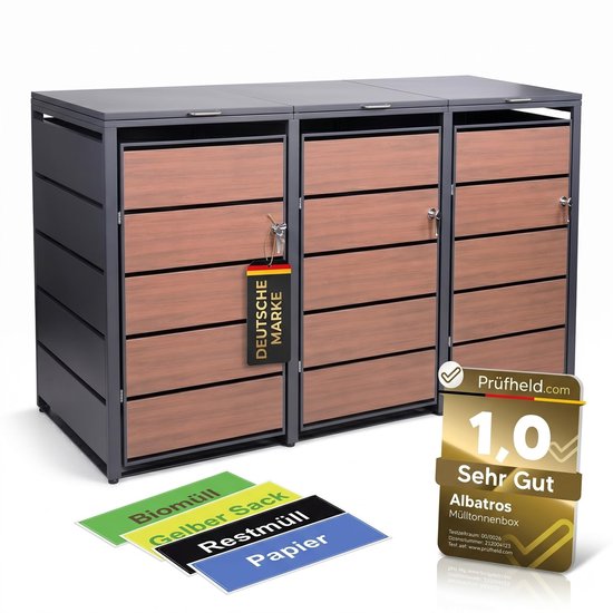 ALBATROS afvalcontainerbox voor 3 containers, houtlook, van gegalvaniseerd metaal, 120 l tot 240 l, voor DRIE containers, antraciet RAL 7016, afsluitbaar, weerbestendig, getest volgens ISO 9227, inclusief set stickers