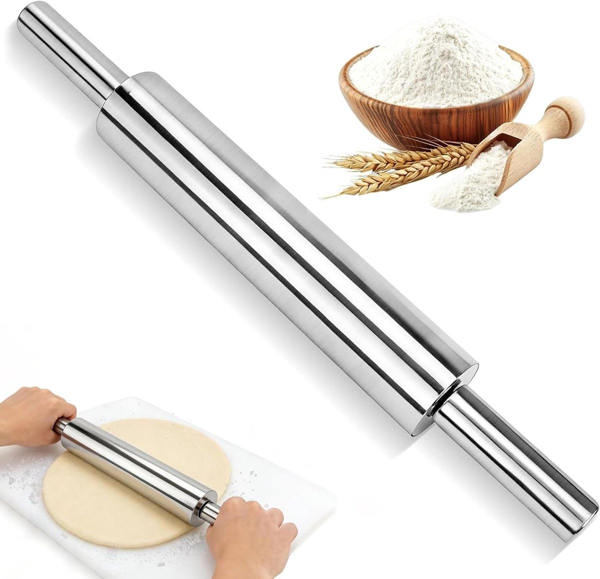 Deegroller Roestvrij Staal - Bakaccessoire - Deeg Uitrollen - Anti-aanbaklaag - 43 cm - Zilver