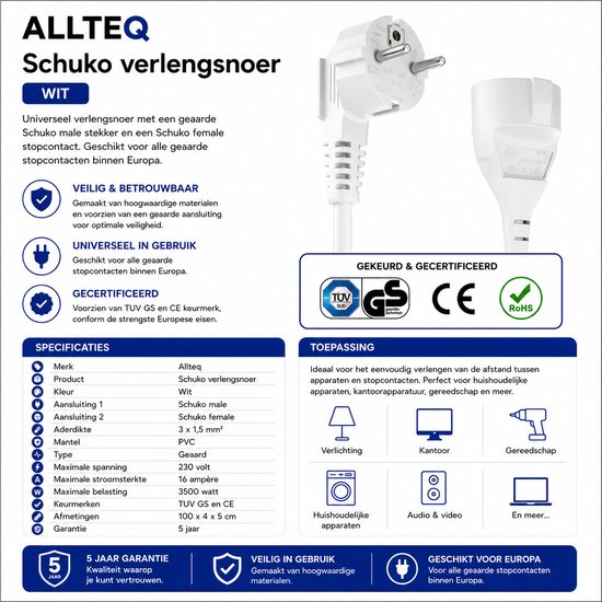 Wit Schuko verlengsnoer met mannelijke en vrouwelijke stekker, 230 volt, 16 ampère.