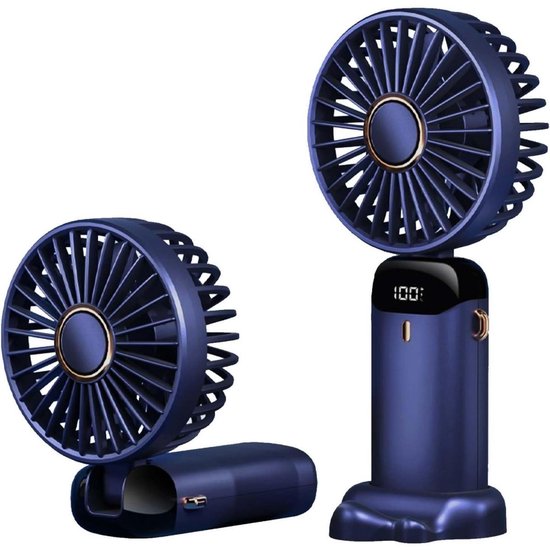 Draagbare oplaadbare handventilator blauw, 5 snelheden, mini opvouwbare stille tafelventilator voor kantoor en slaapkamer