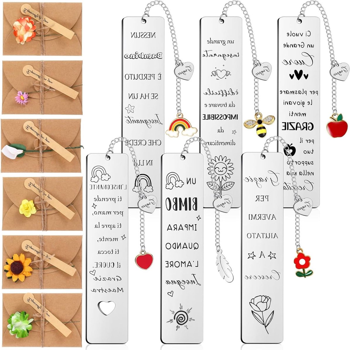 Set van 6 metalen boekenleggers met inspirerende teksten - Perfect als cadeau voor leraren, kerst, verjaardagen of afstuderen