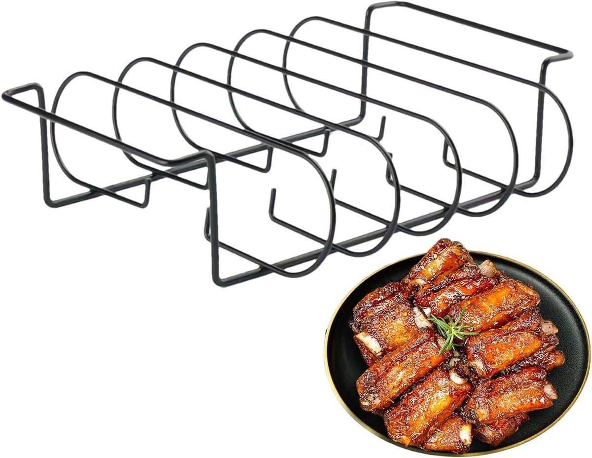 Rib Houder - Steak Rack - Barbecueën - Gelijkmatige warmteverdeling - 33 x 27 x 8 cm - Zwart