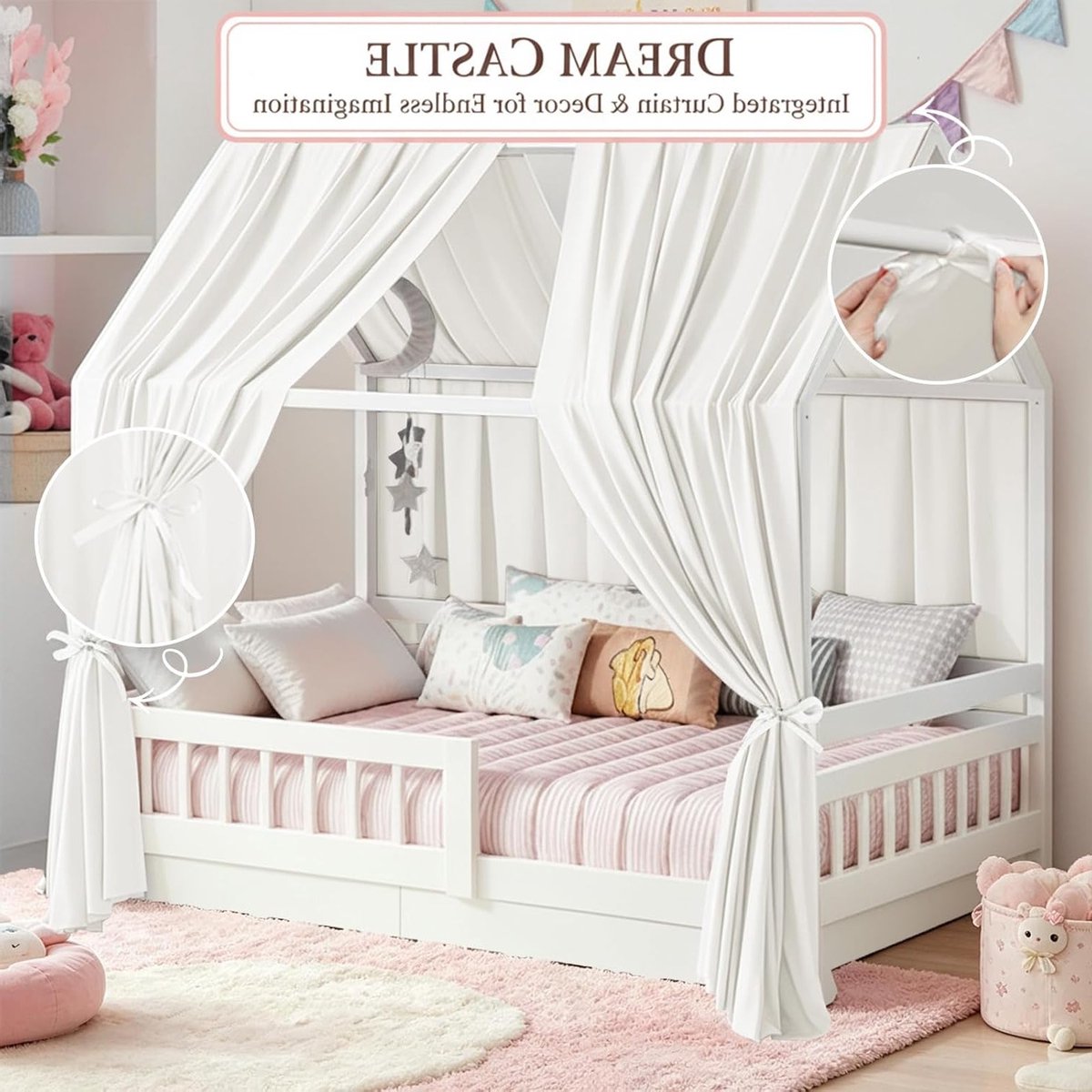 Huisbedhemel in Roze, Set van 2, 67 x 270 cm, Hemelbedgordijnen voor Kinderbed, Baldakijn en Decoratie voor de Kinderkamer