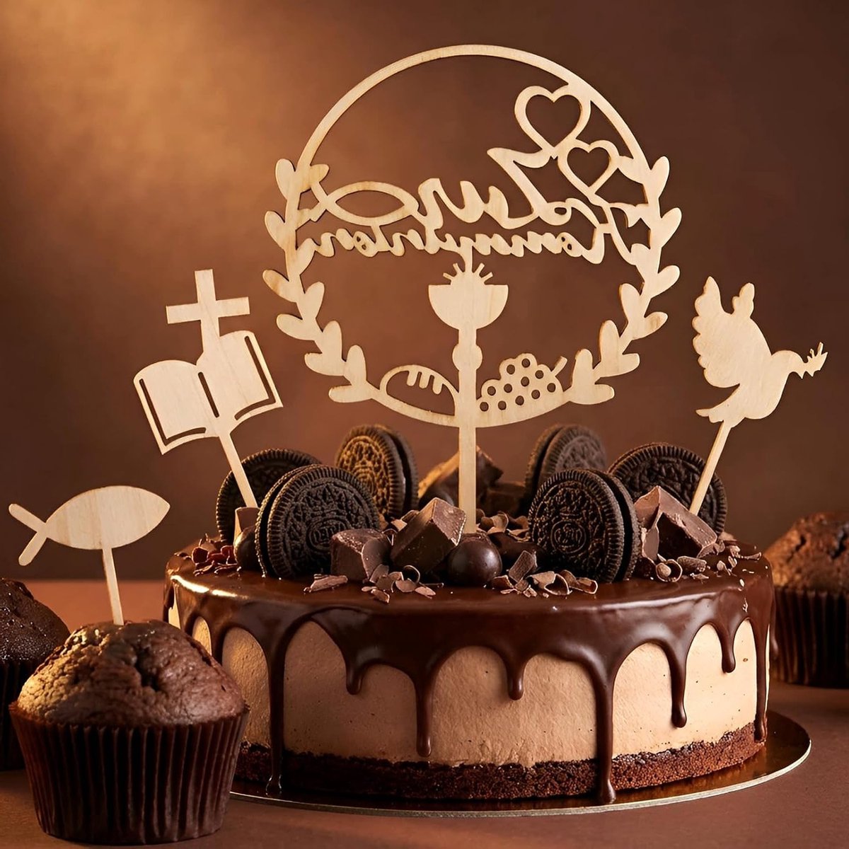 Houten taarttopper en cupcakes versiering in duifvorm voor communie, gebedboeken en vissymboliek voor jongens en meisjes
