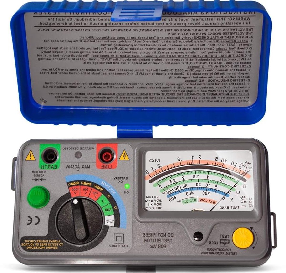 Analoge Isolatiemeter - Isolatietester Doorgangstester - Elektrische Installaties Testen - Drie Spanningsbereiken Selecteerbaar - CAT III 600V - Grijs