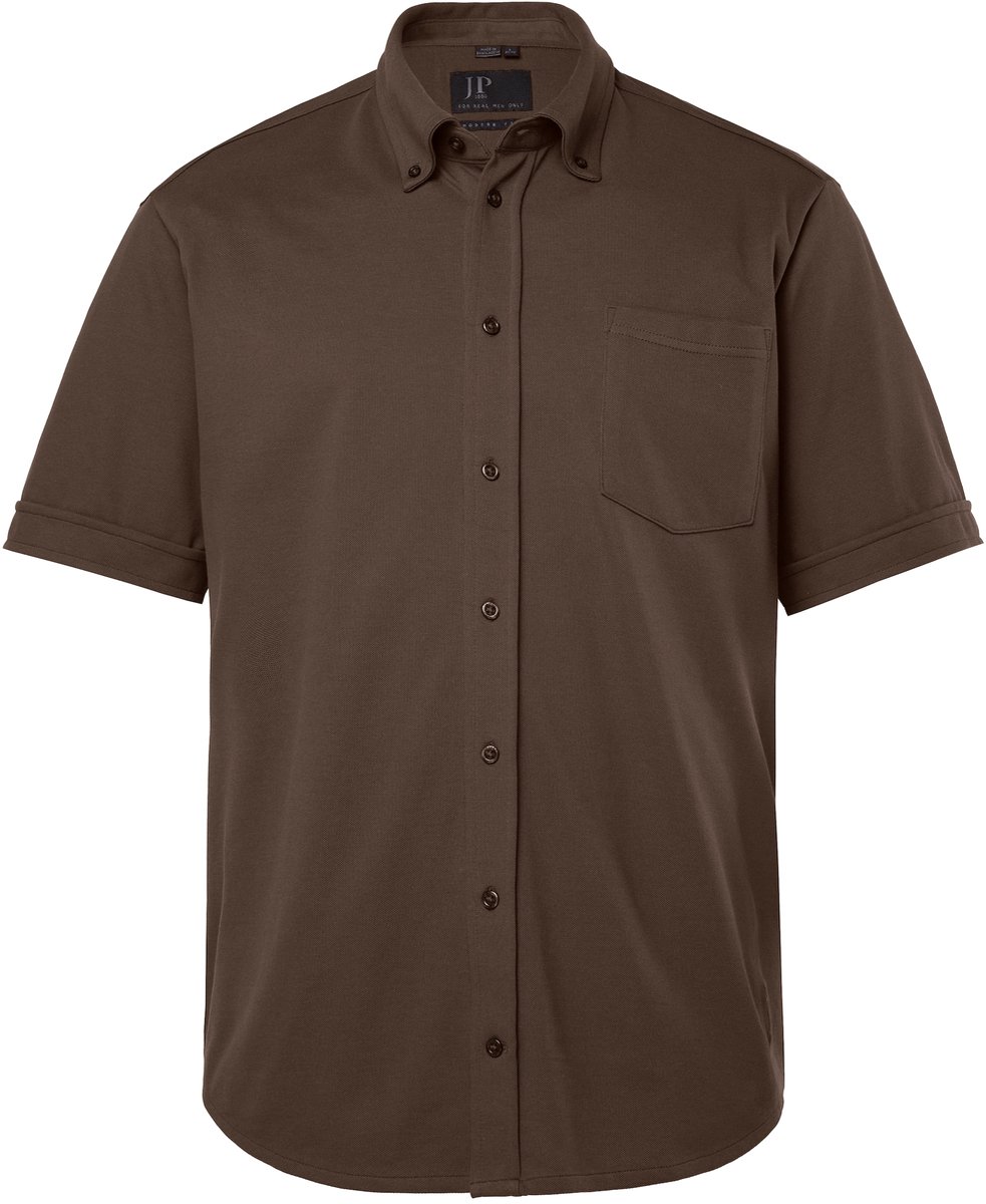 JP 1880 - Heren - Piqué overhemd FLEXNAMIC® korte mouw buttondown-kraag - Hazelnoot - Maat 5XL