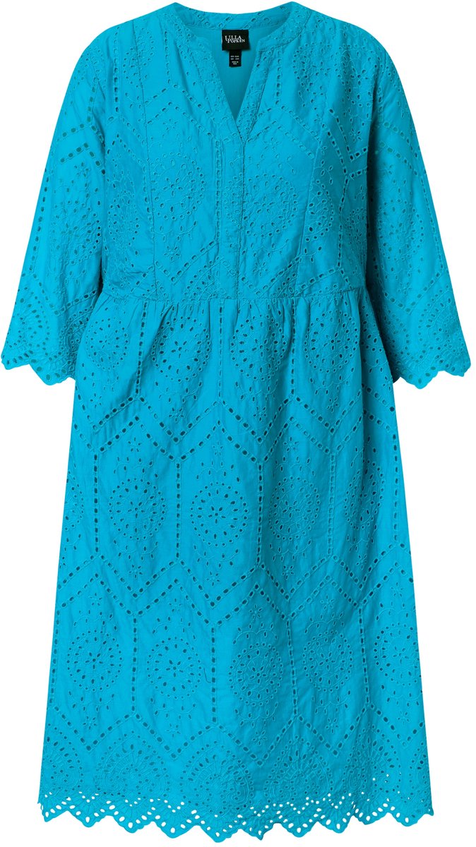 Ulla Popken - Dames - Midi-jurk gaatjeskant tuniekhalslijn 3/4-mouwen - Aqua turquoise - Maat 46+