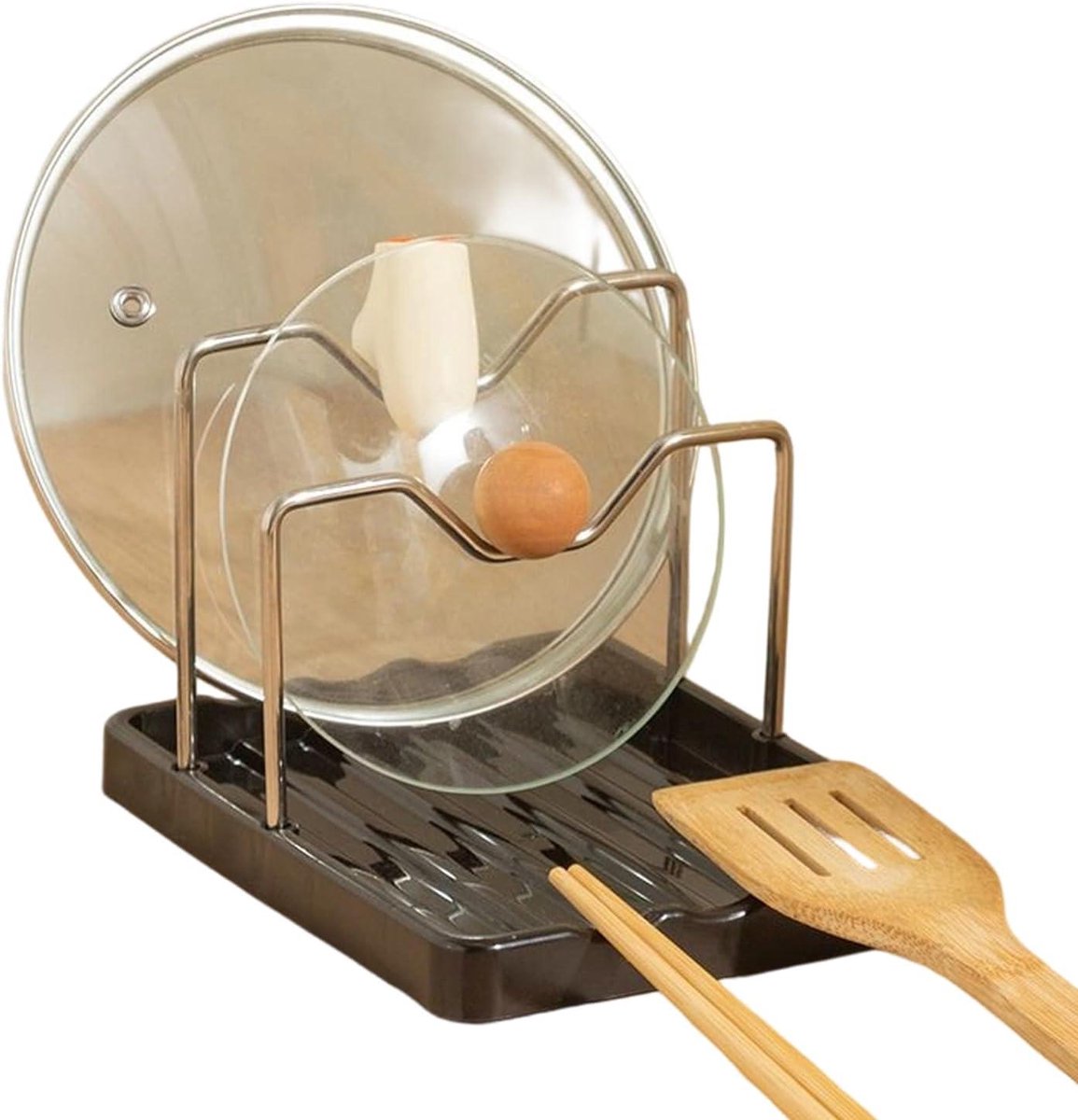 Pannendeksel Organizer - Lepelhouder - Schoon Werkblad - Met Opvangbak - 15 x 20 x 13 cm - Zwart