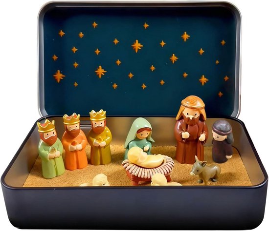 Kleine kerststal - Heilige Familie - Feestelijk display - Draagbaar tinontwerp - 174 x 38 x 174 cm - Geboorte