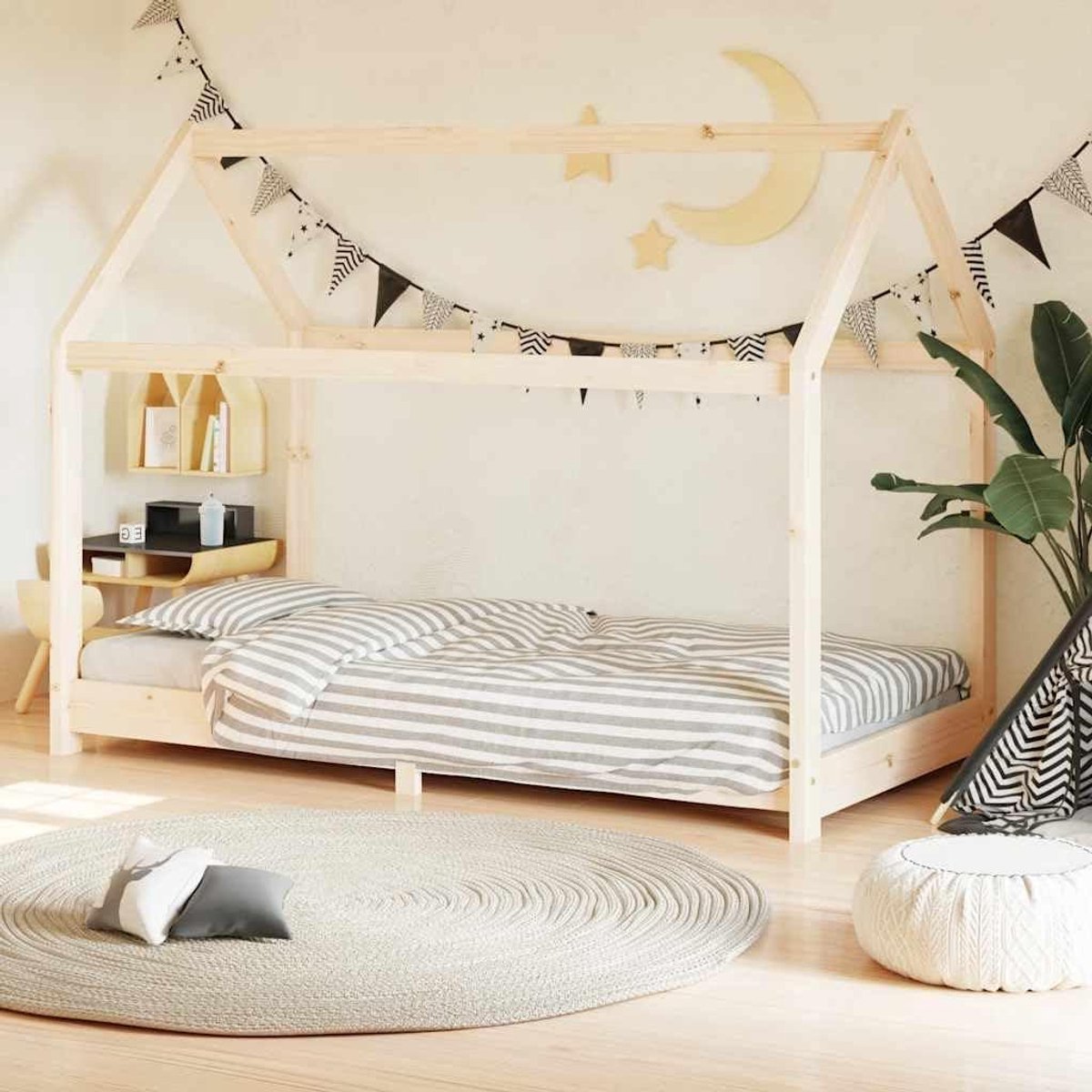Kinderbedframe - Houten bed - Kinderkamer inrichten - Boomhut-stijl ontwerp - 70x140 cm - Bruin