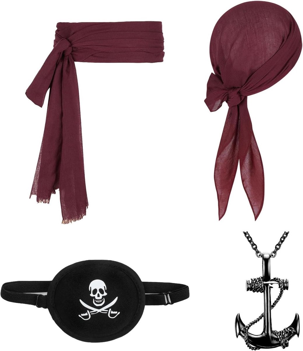 Piratenkostuum Accessoires Set met Bandana, Sash, Ooglapje en Hanger voor Halloween en Verkleedfeest