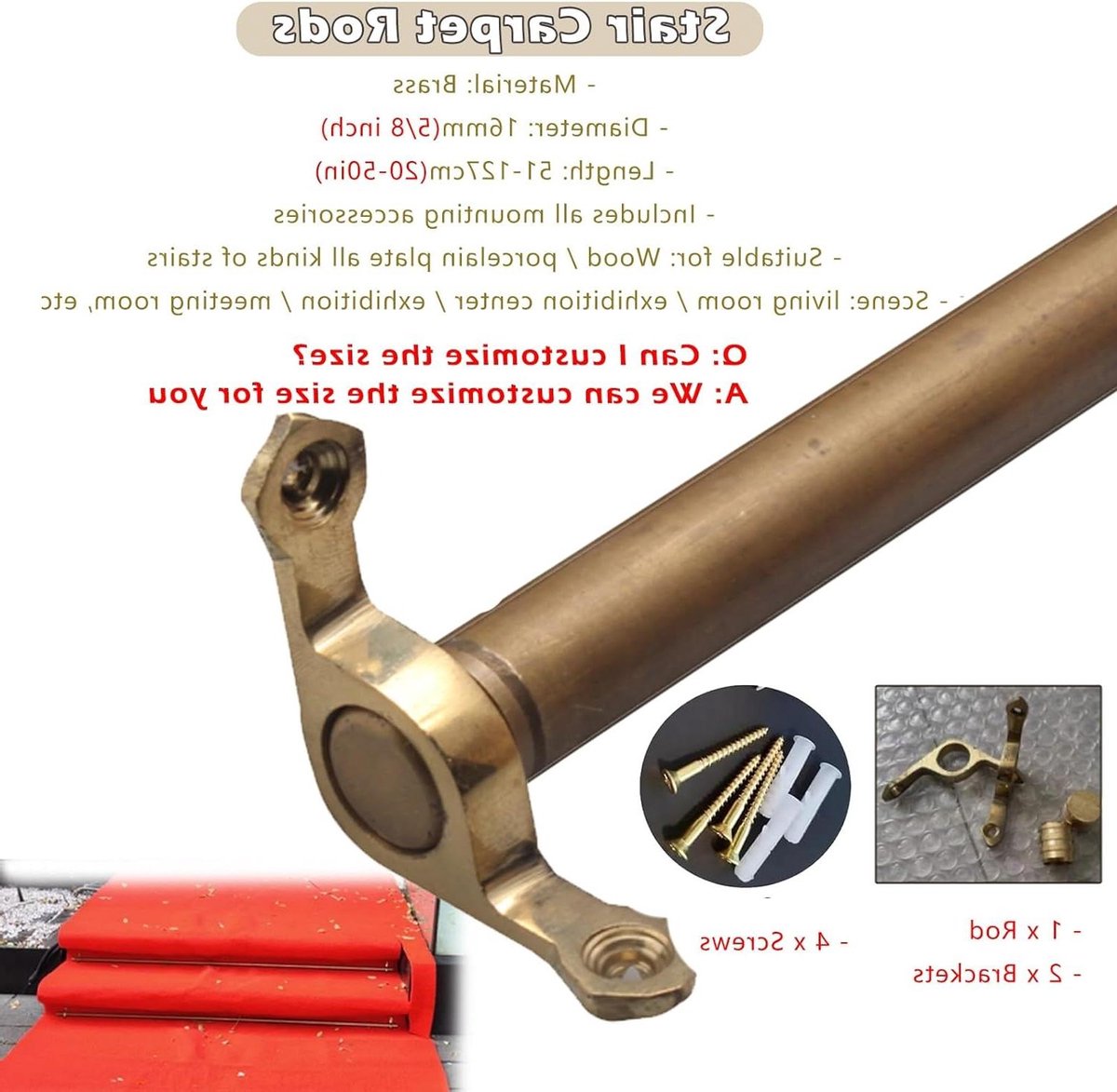 Traploperstangen set - Sierlijke messing staven - Trap bekleden - Roestvast en inkortbaar - 51 cm - Messing