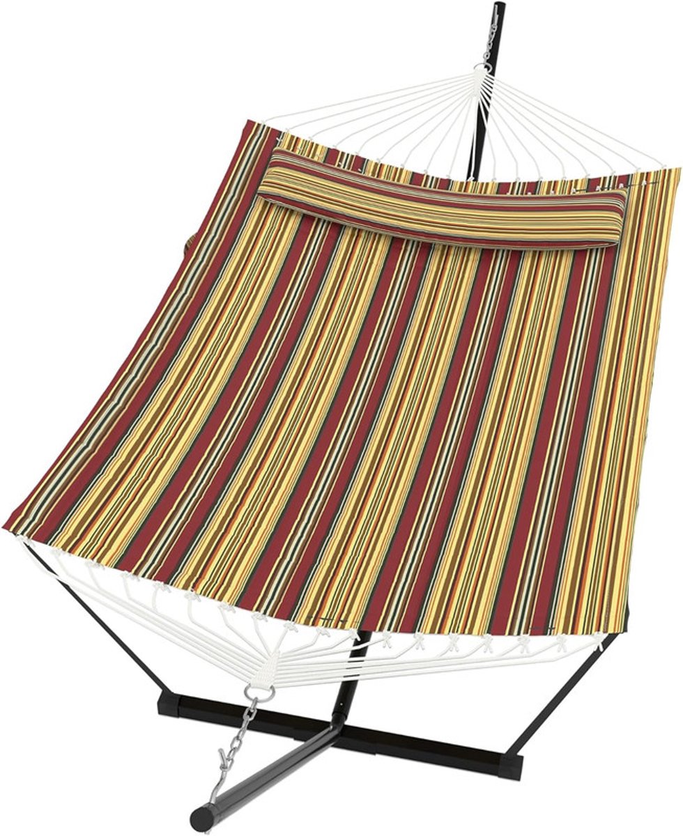 Hangmat met Standaard - 2-Persoons Hangmat - Inclusief Kussen en Balanstouw - Belastbaar tot 205 kg - Dubbele Hangmat voor Buiten - Tuin & Terras - Rood/Geel