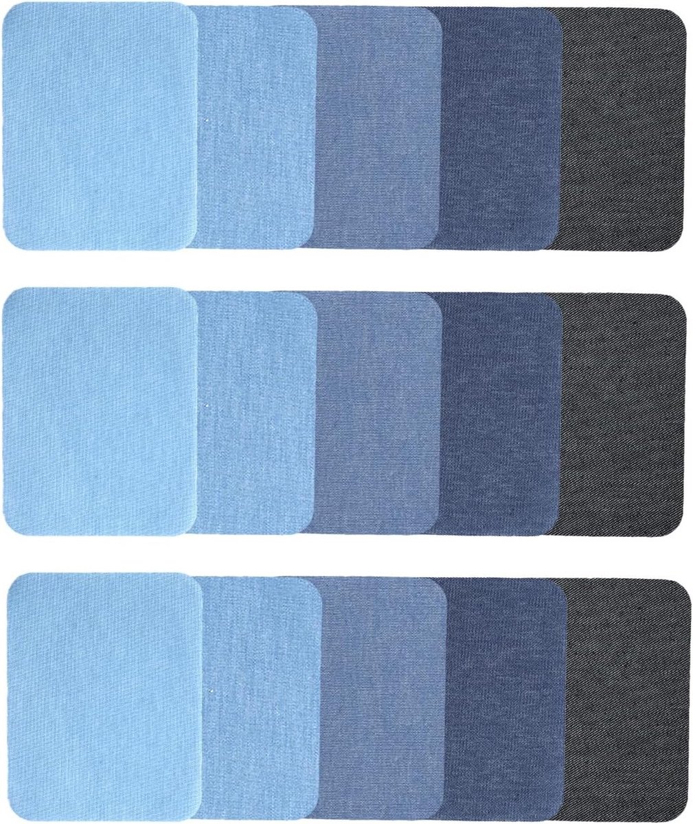 15 Stuks Denim Patches voor Reparatie, Strijkpatches, 9.5cm x 12.5cm, Sterke Lijm, Meerdere Blauwe Tinten voor Jeans en Kledingherstel