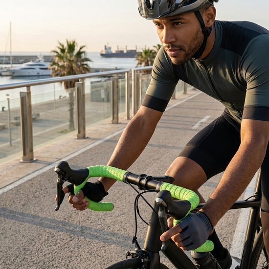 Man op een racefiets met een helm en handschoenen. Het stuur is omwikkeld met felgroen stuurlint.