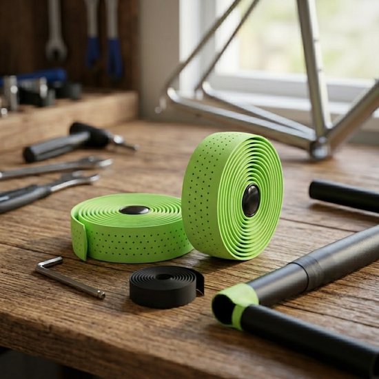 Een werkbank met gereedschap, twee rollen felgroen stuurlint en een deel van een fietsframe.