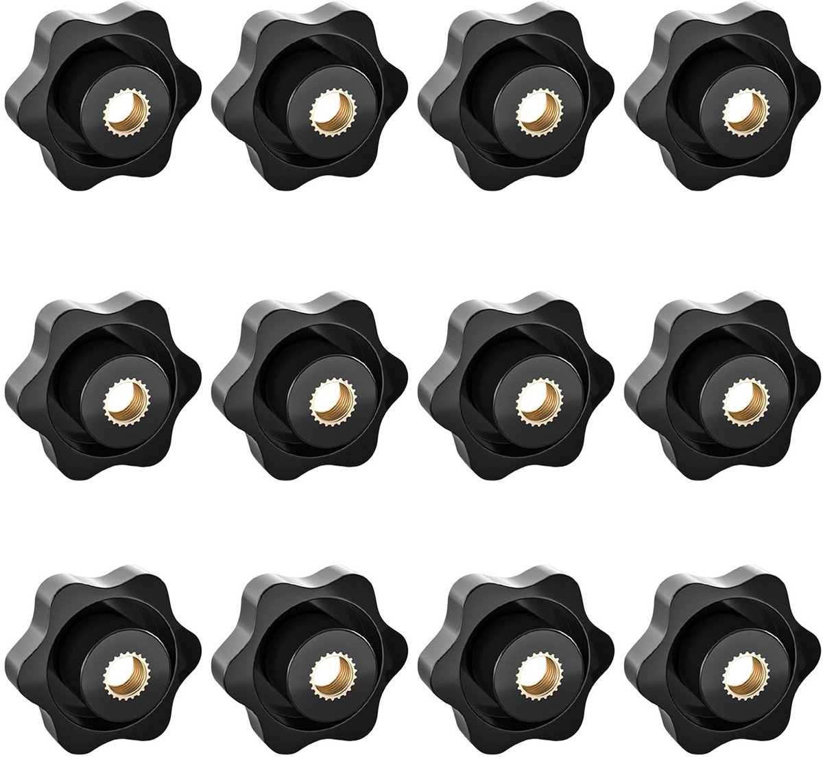 Set van 12 M6 Sterknoppen 32 mm Zwarte Plastic Gripmoeren voor Machines, Fitnessapparatuur en Meubels