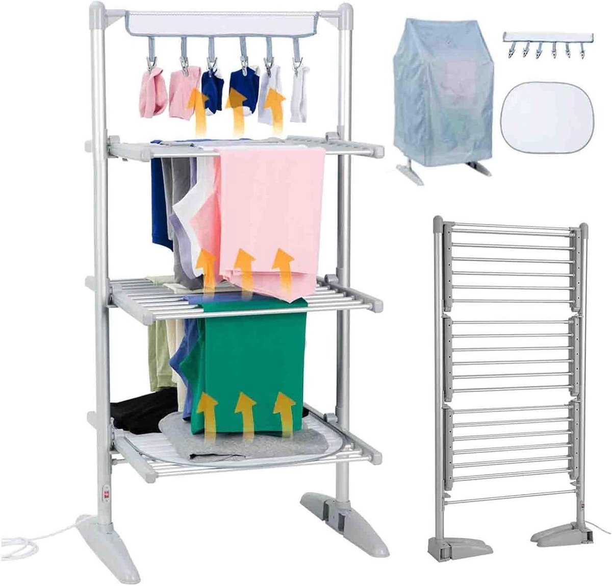 Elektrisch Droogrek Verwarmd Kledingrek Snel Kleding Drogen 3-Laags Opvouwbaar 30 kg Draagvermogen Aluminiumkleur