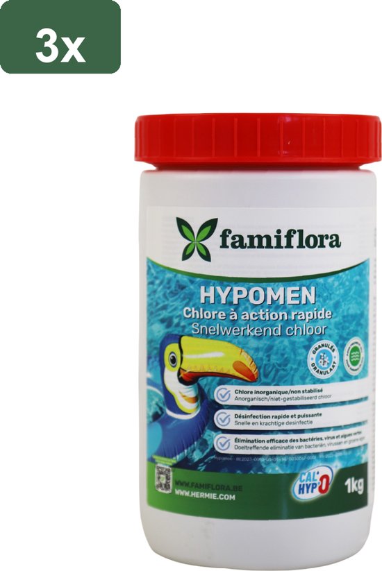 Wit met rode dop 1kg verpakking van Famiflora Hypomen snelwerkend chloor met afbeelding van een toekan.